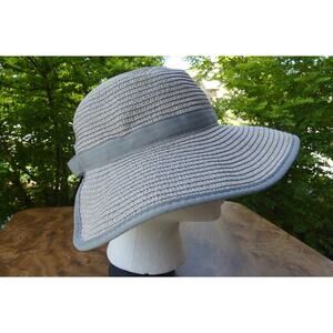 Vince Camuto Gray Backless Floppy Framer Hat Adjustable Paper Straw Fabric Trim